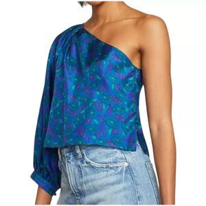 NEW Veronica Beard Size 12 Multi Color Blue Silk Lyric Top One Shoulder Floral